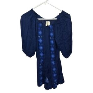 Japna Embroidered Romper Blue Boho Peasant Off‎ Shoulder Drawstring Size S